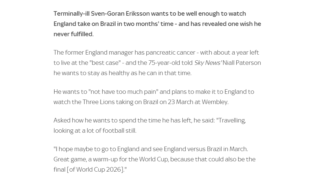 瑞典名帅埃里克森确诊晚期胰腺癌 生命仅剩一年